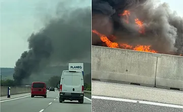 FOTO: Na diaľnici medzi Košicami a Prešovom horí kamión, plamene mali pohltiť celý náves