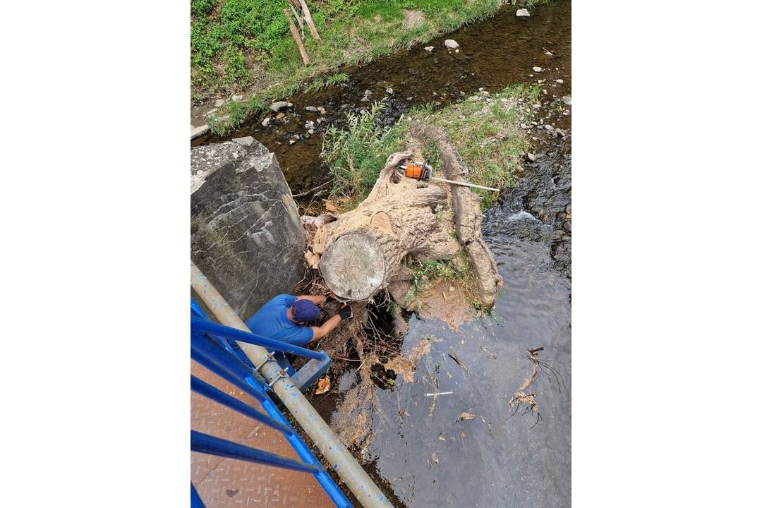 FOTO: Vodohospodári riešili kalamitnú situáciu na Sobraneckom potoku, mohutný kmeň sa zachytil o most, foto 2